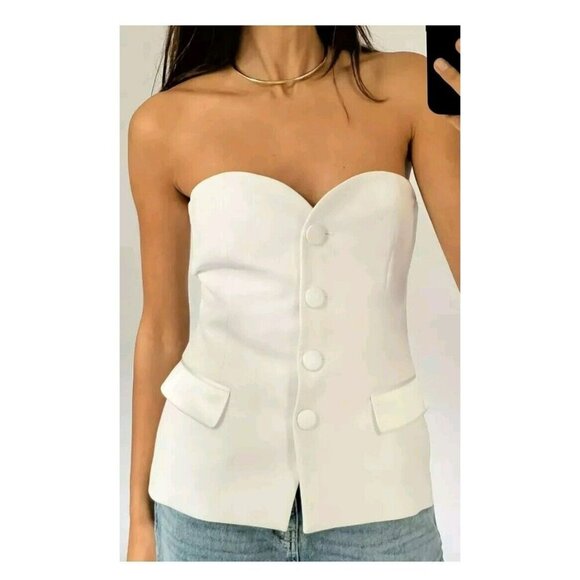 ZARA WOMAN MIXED SATIN EFFECT BUSTIER TOP OYSTER WHITE 2316/600 SZ XS - Picture 3 of 5